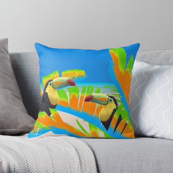 Colorful Toucans Tropical Banana Leaves Pattern Throw Pillow