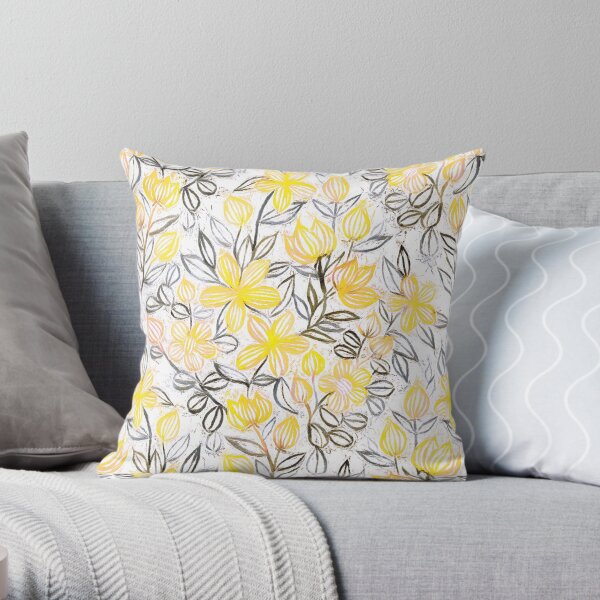 Sunny Yellow Crayon Striped Summer Floral Throw Pillow