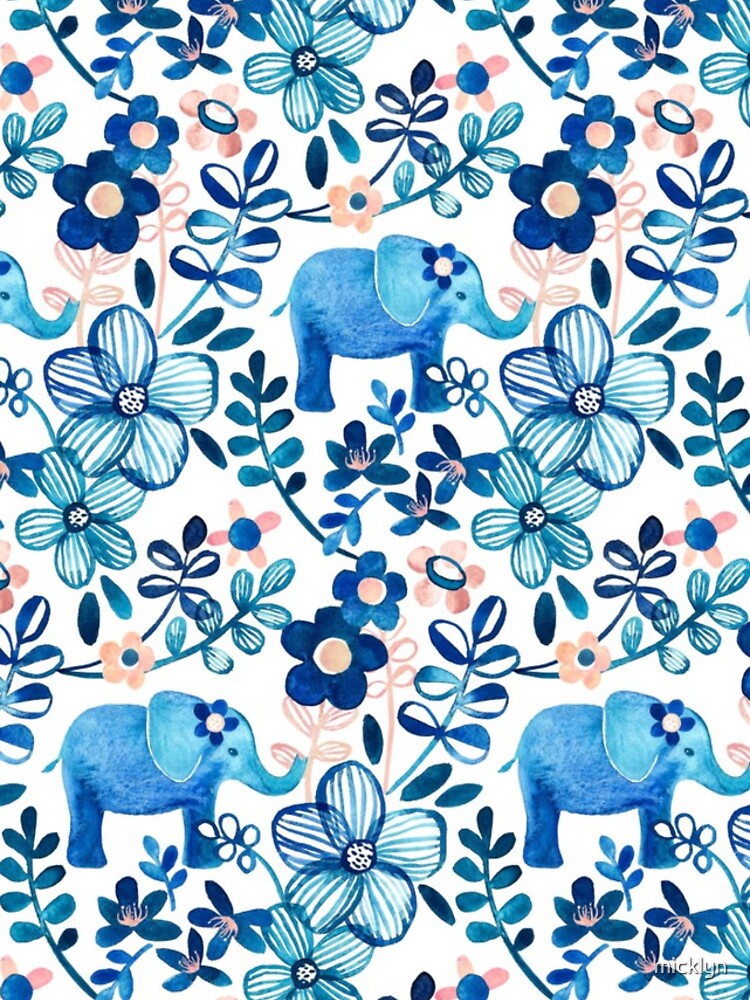Blush Pink, White and Blue Elephant and Floral Watercolor Pattern by micklyn