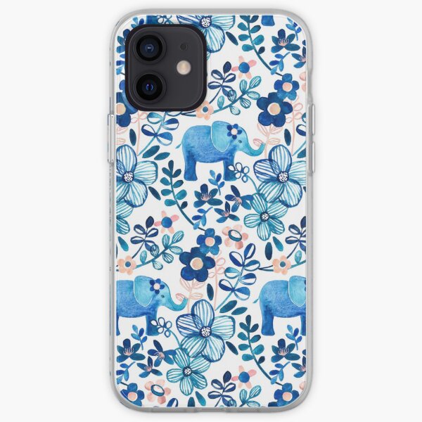 Blush Pink, White and Blue Elephant and Floral Watercolor Pattern iPhone Soft Case