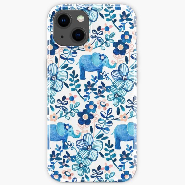 Blush Pink, White and Blue Elephant and Floral Watercolor Pattern iPhone Soft Case