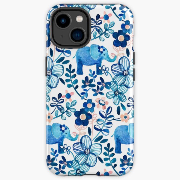 Blush Pink, White and Blue Elephant and Floral Watercolor Pattern iPhone Tough Case