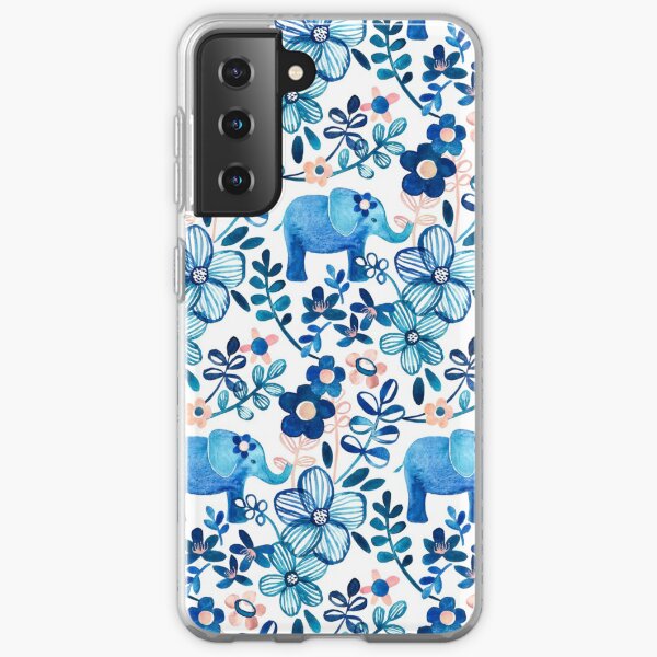 Blush Pink, White and Blue Elephant and Floral Watercolor Pattern Samsung Galaxy Soft Case