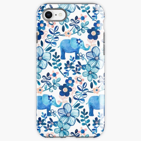 Blush Pink, White and Blue Elephant and Floral Watercolor Pattern iPhone Tough Case
