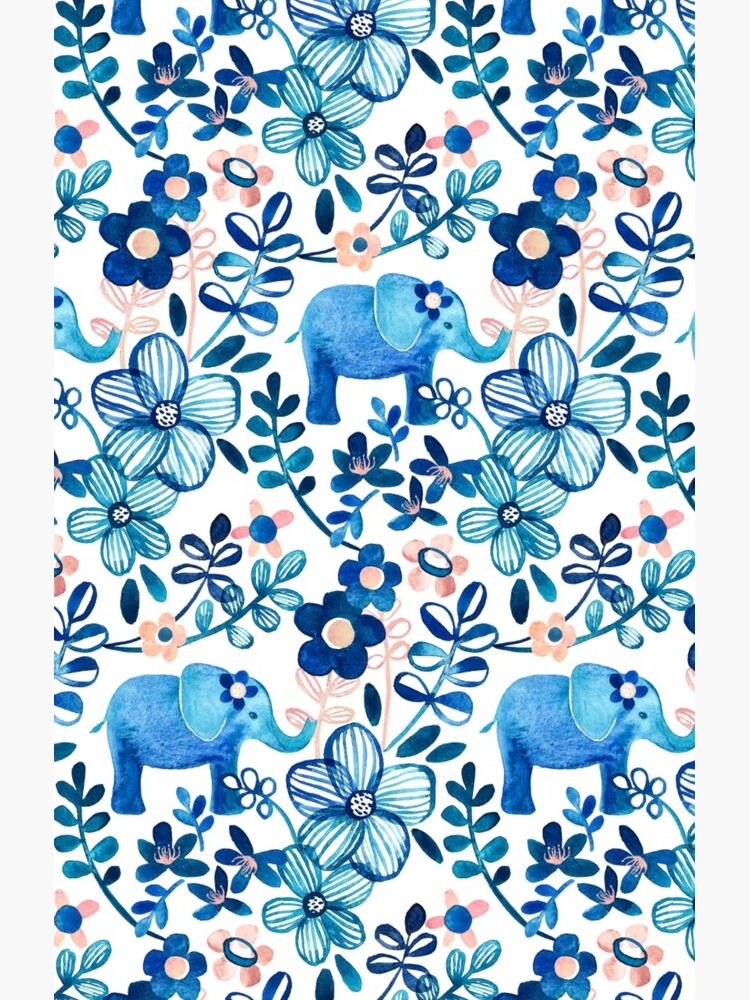 Blush Pink, White and Blue Elephant and Floral Watercolor Pattern by micklyn