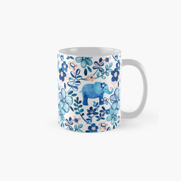 Blush Pink, White and Blue Elephant and Floral Watercolor Pattern Classic Mug