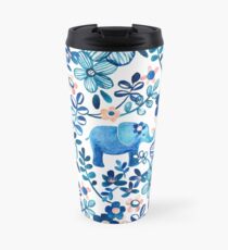 Blush Pink, White and Blue Elephant and Floral Watercolor Pattern Travel Mug