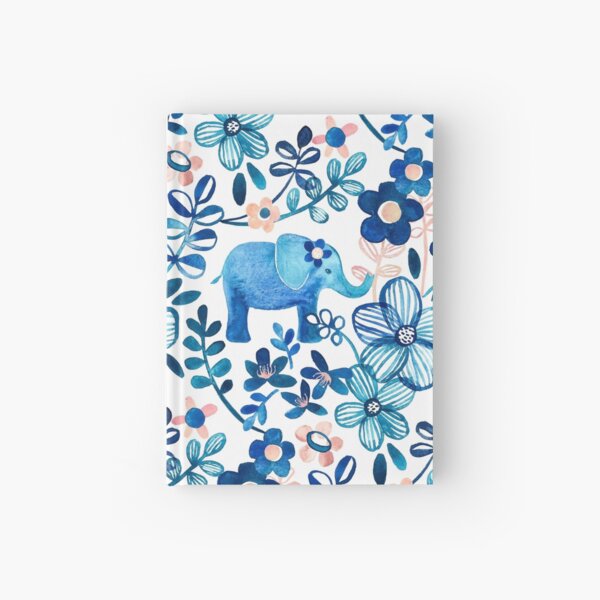 Blush Pink, White and Blue Elephant and Floral Watercolor Pattern Hardcover Journal