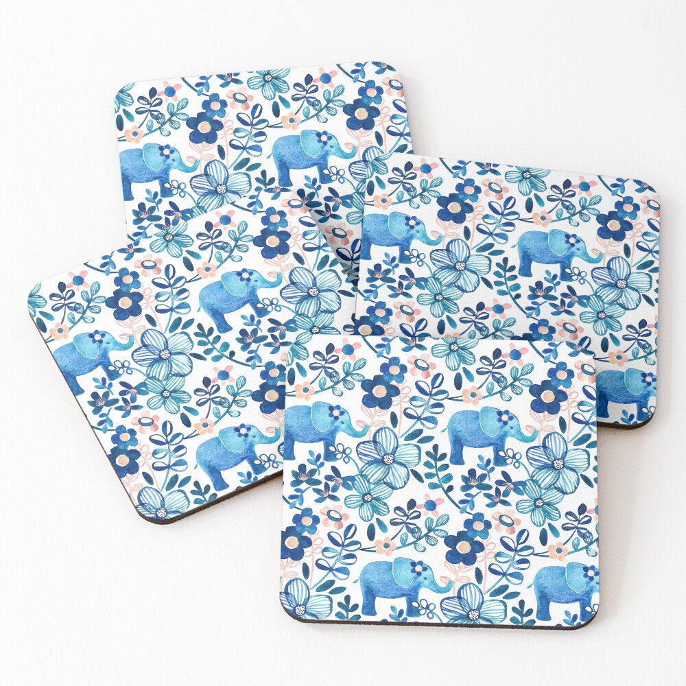 Rosa, weißer und blauer Elefant und Blumenaquarell-Muster erröten Untersetzer (4er Set)