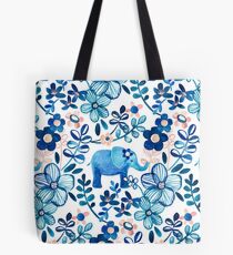 Bolsa de tela Blush rosa, blanco y azul elefante y patrón floral de la acuarela