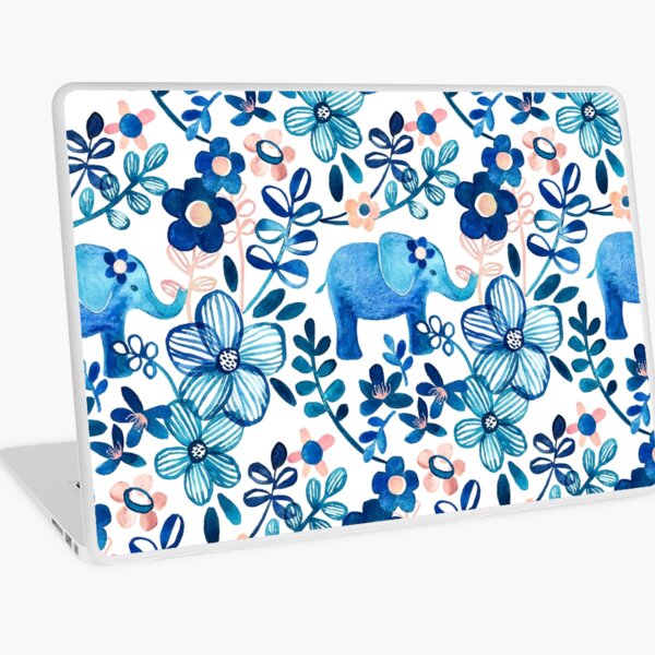 Item preview, Éléphant rose fard à joues, blanc et bleu et motif floral aquarelle designed and sold by micklyn.