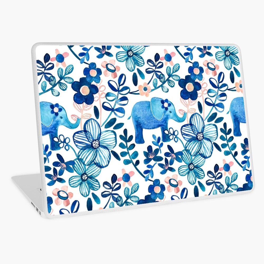 Blush Pink, White and Blue Elephant and Floral Watercolor Pattern Laptop Skin