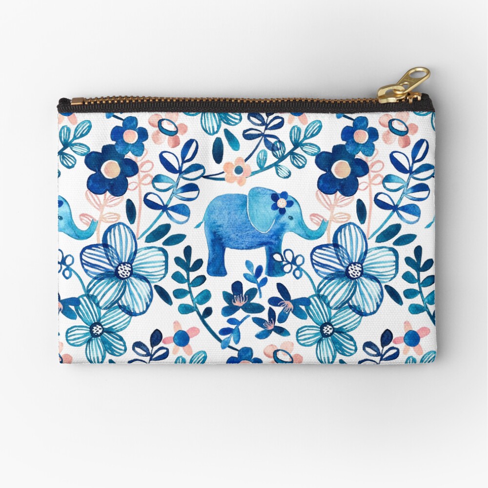 Blush Pink, White and Blue Elephant and Floral Watercolor Pattern Zipper Pouch