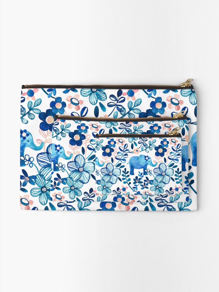 Alternate view of Blush Pink, White and Blue Elephant and Floral Watercolor Pattern Zipper Pouch