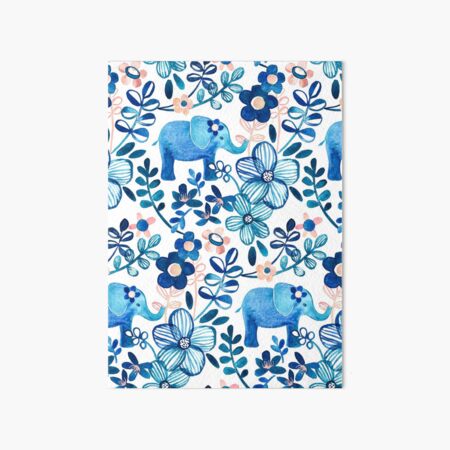 Blush Pink, White and Blue Elephant and Floral Watercolor Pattern Art Board Print