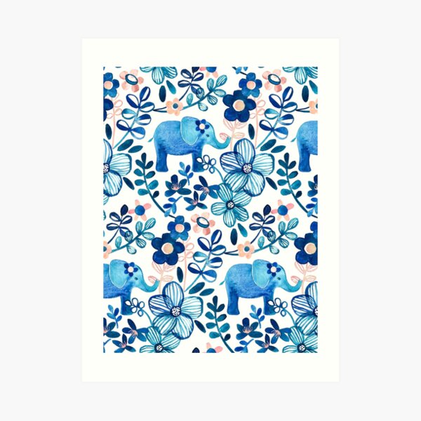 Blush Pink, White and Blue Elephant and Floral Watercolor Pattern Art Print