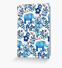 Rosa, weißer und blauer Elefant und Blumenaquarell-Muster erröten Grußkarte