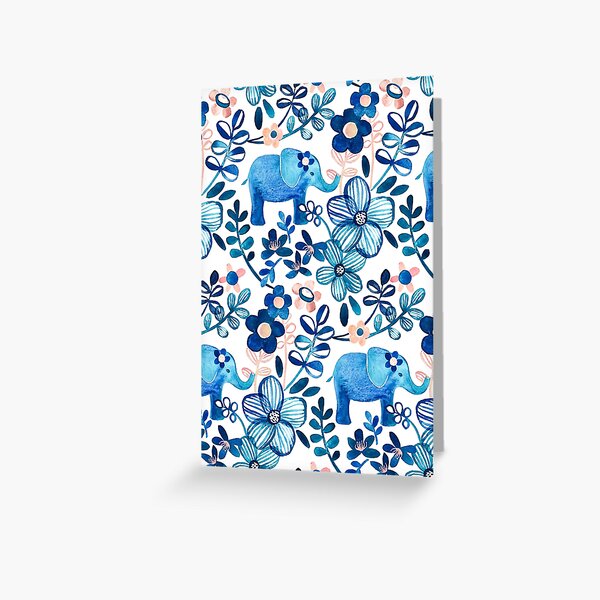 Blush Pink, White and Blue Elephant and Floral Watercolor Pattern Greeting Card