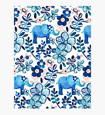 Blush Pink, White and Blue Elephant and Floral Watercolor Pattern Photographic Print