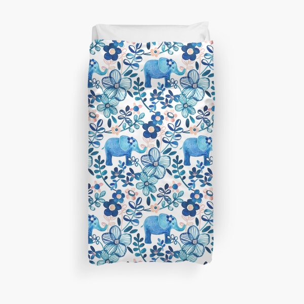 Blush Pink, White and Blue Elephant and Floral Watercolor Pattern Duvet Cover