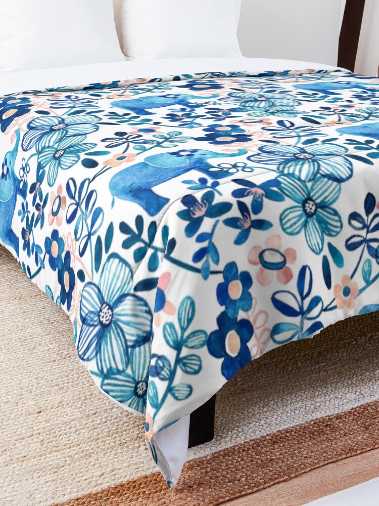 Alternate view of Blush Pink, White and Blue Elephant and Floral Watercolor Pattern Comforter