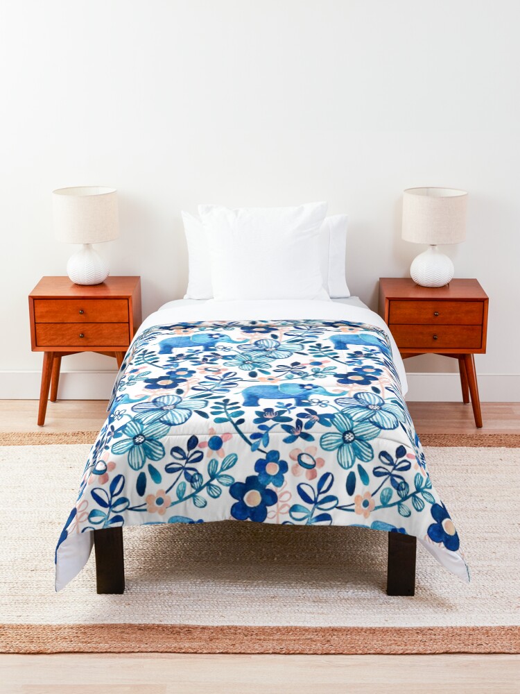 Alternate view of Blush Pink, White and Blue Elephant and Floral Watercolor Pattern Comforter