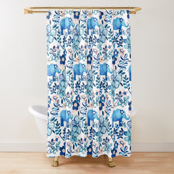 Blush Pink, White and Blue Elephant and Floral Watercolor Pattern Shower Curtain