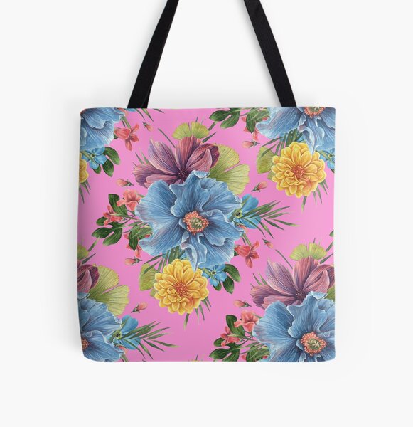 Watercolour Flowers Pattern with Pink Background All Over Print Tote Bag