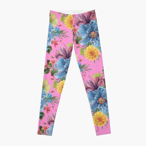 Watercolour Flowers Pattern with Pink Background Leggings