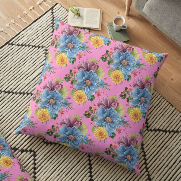 Watercolour Flowers Pattern with Pink Background Floor Pillow