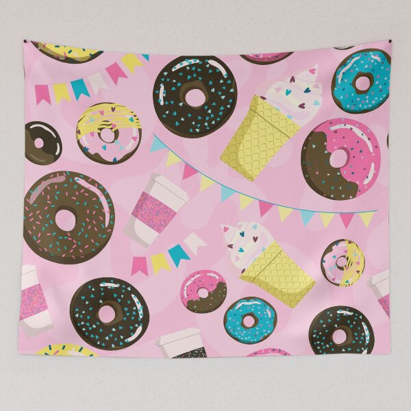 Item preview, Sweet seamless donuts, coffe and ice cream pattern. Summer party background with flags garland designed and sold by HelgaScand.