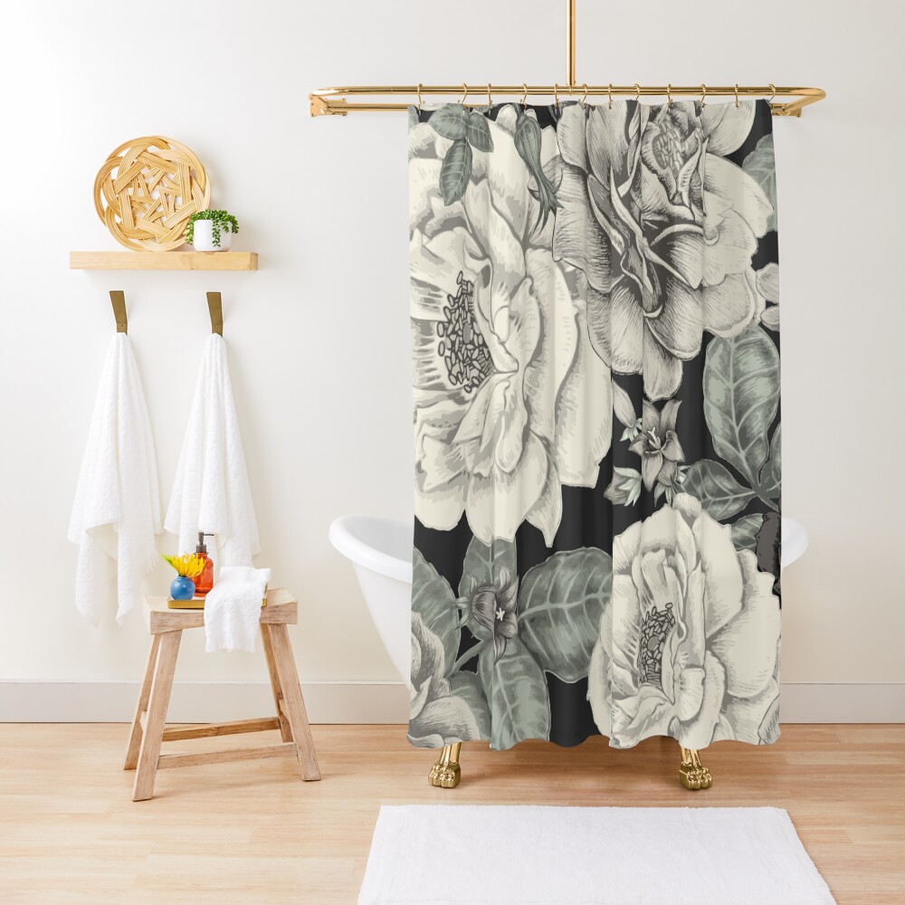 CREAM FLOWERS ON BLACK Shower Curtain