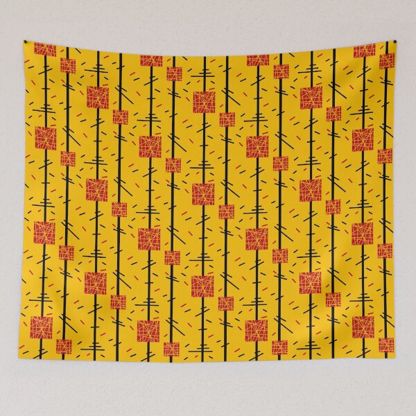 Item preview, black stripes and red rectangle pattern on yellow designed and sold by M-Lorentsson.