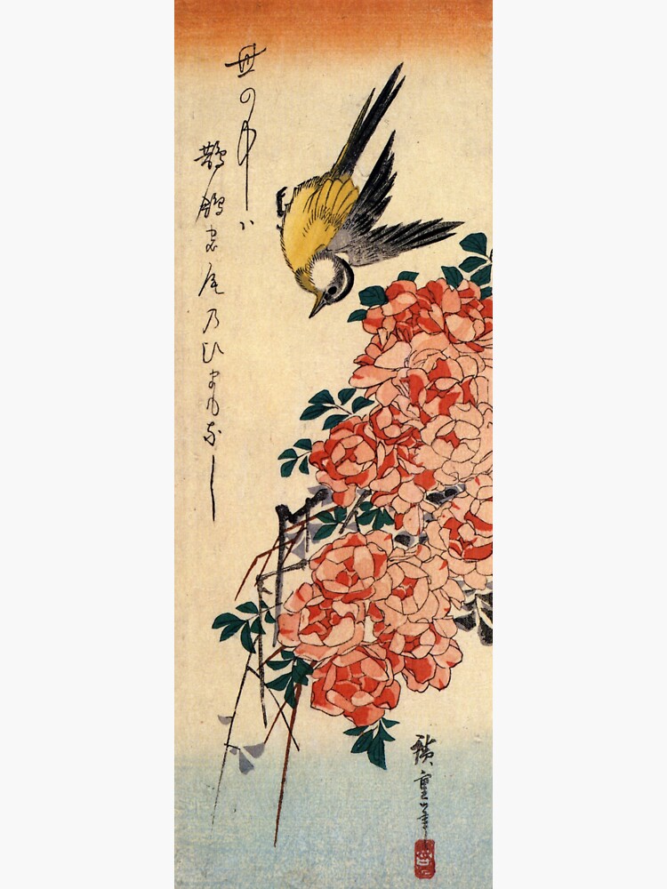 Thumbnail 3 of 3, Sticker, Wagtail and Roses by Utagawa Hiroshige (Reproduction) designed and sold by RozAbellera.