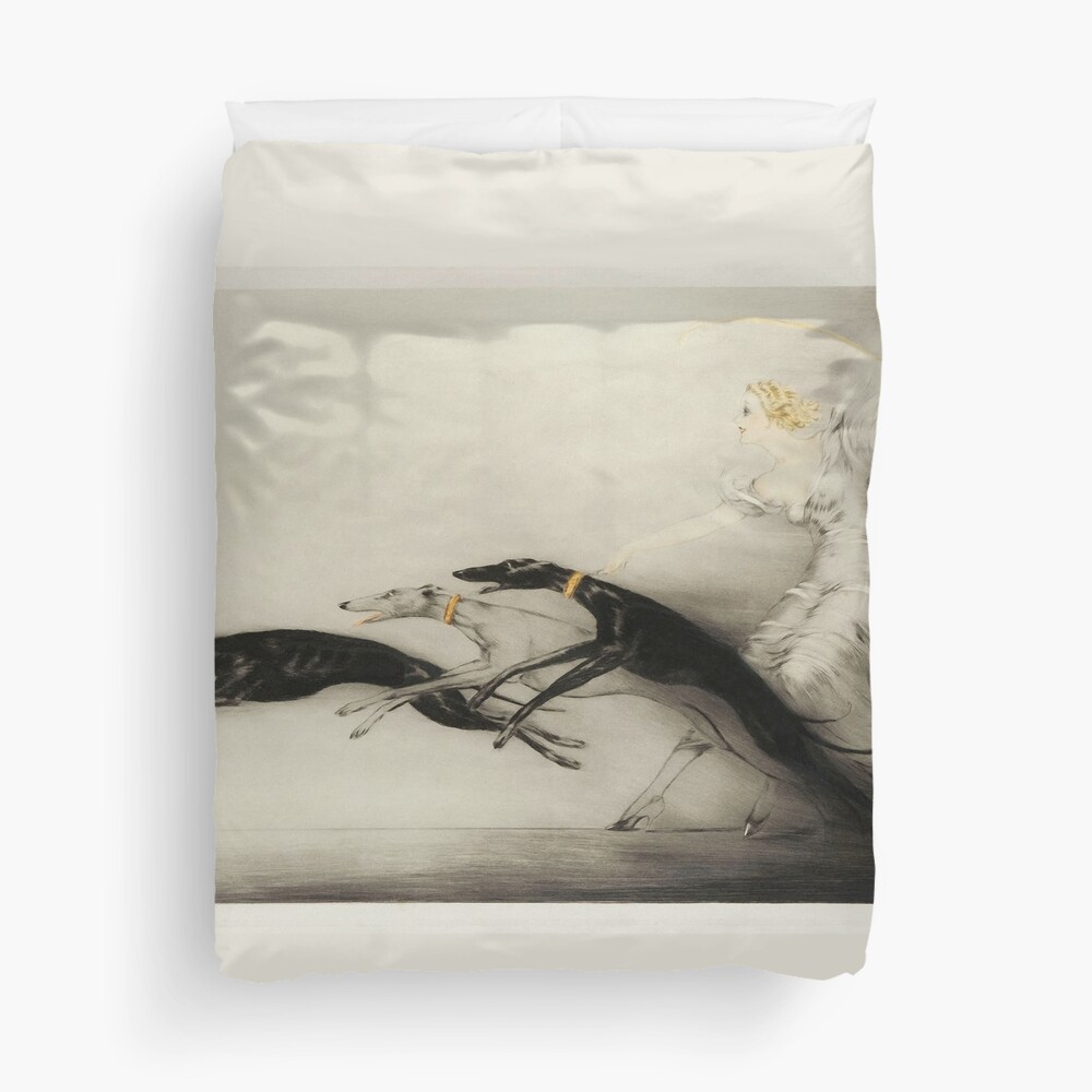 Vintage Art Deco illustration, woman walking her greyhound dogs Duvet Cover