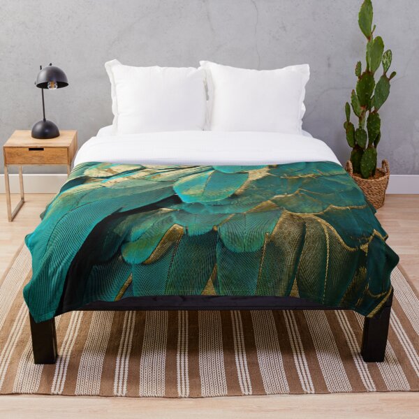 Feather Glitter Teal and Gold Throw Blanket
