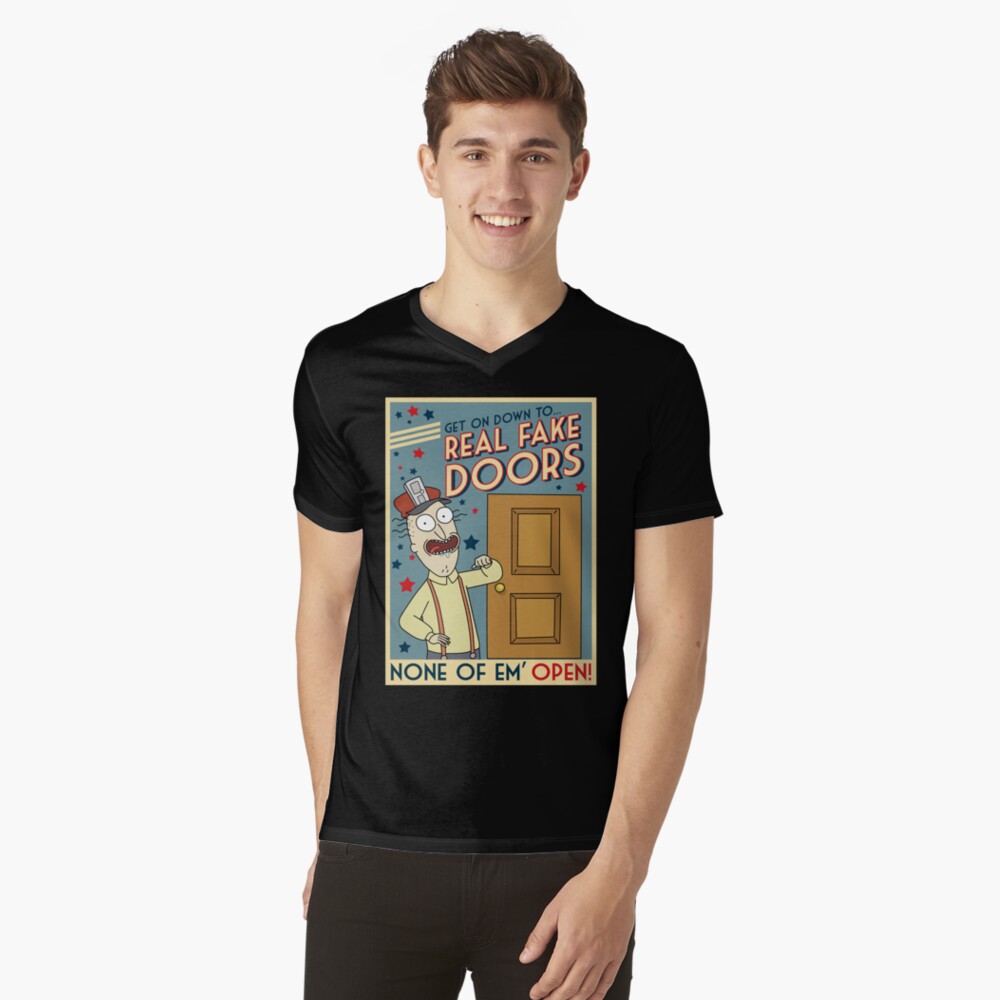 Funny Rick and Morty Real Fake Doors Interdimensional Cable Advertisement V-Neck T-Shirt
