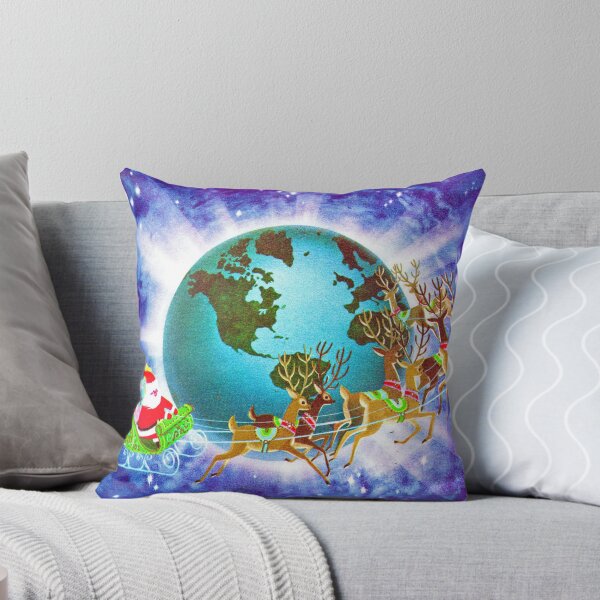 Item preview, "Global Santa" - Vintage Christmas Card, Sleigh, Presents, 8 Tiny, Reindeer, Globe, Trotting, World,Teal, Blue, Ocean, Aqua, Green, Retro, Red, Santa, Nick, Happy, Holiday, Holidays, Xmas designed and sold by CanisPicta.