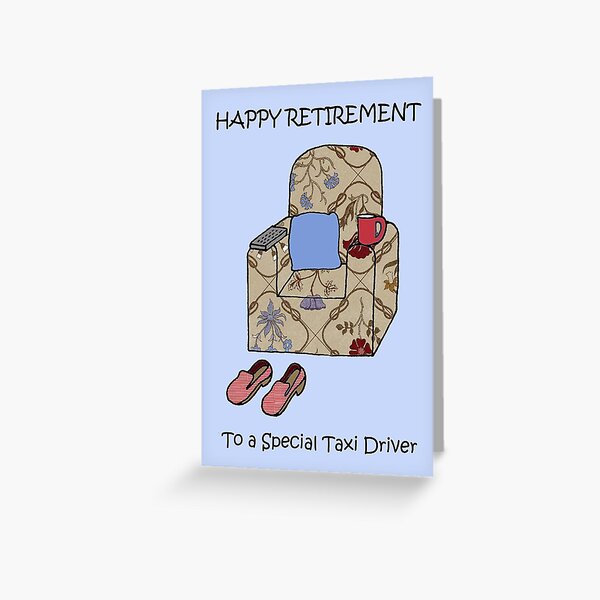 Feliz jubilación al sillón de dibujos animados de taxista Tarjetas de felicitación