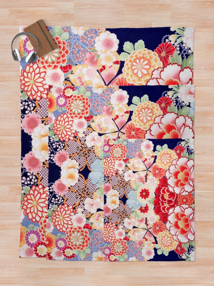 Alternate view of ANTIQUE JAPANESE FLOWERS Pink White Wild Roses Kimono Style Floral Throw Blanket