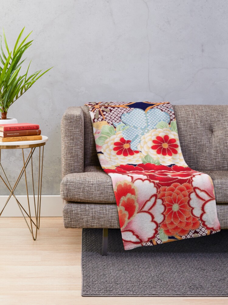 Alternate view of ANTIQUE JAPANESE FLOWERS Pink White Wild Roses Kimono Style Floral Throw Blanket