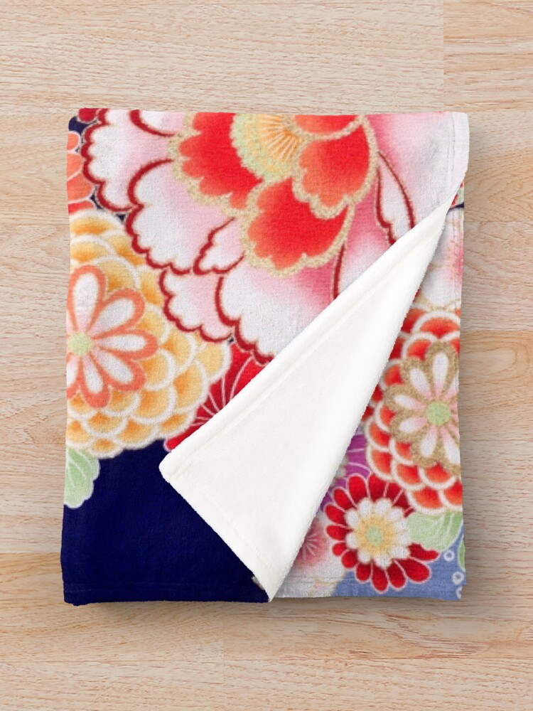 Alternate view of ANTIQUE JAPANESE FLOWERS Pink White Wild Roses Kimono Style Floral Throw Blanket