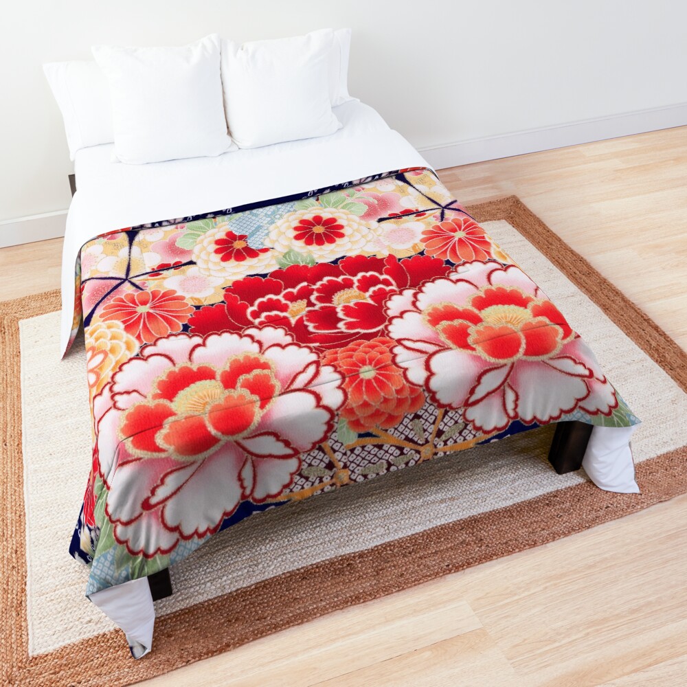 ANTIQUE JAPANESE FLOWERS Pink White Wild Roses Kimono Style Floral Comforter
