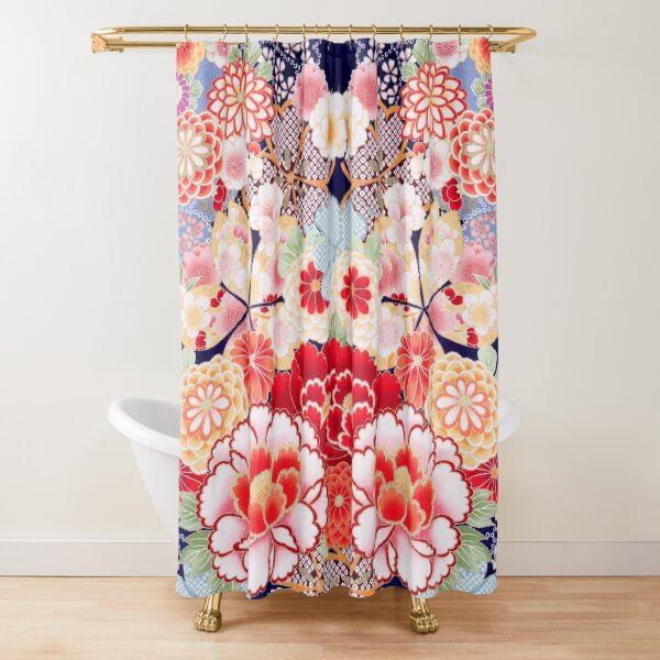 ANTIQUE JAPANESE FLOWERS Pink White Wild Roses Kimono Style Floral Shower Curtain