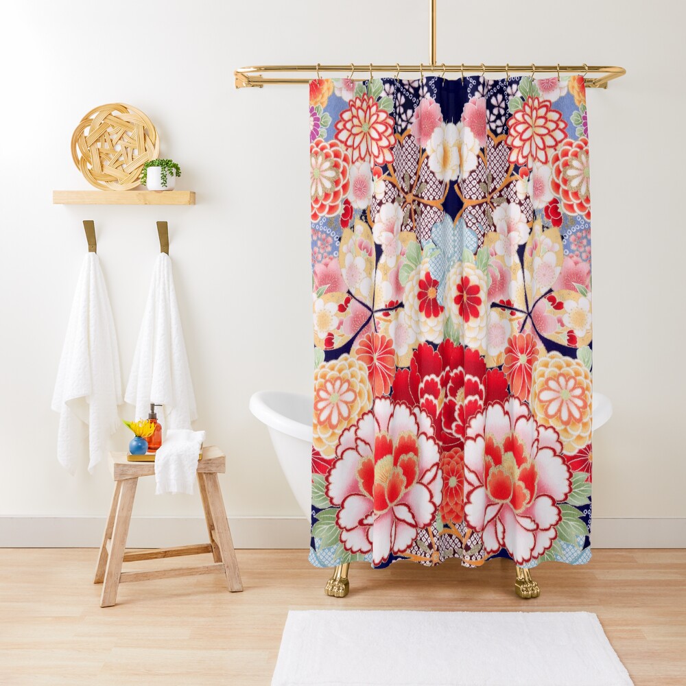 ANTIQUE JAPANESE FLOWERS Pink White Wild Roses Kimono Style Floral Shower Curtain