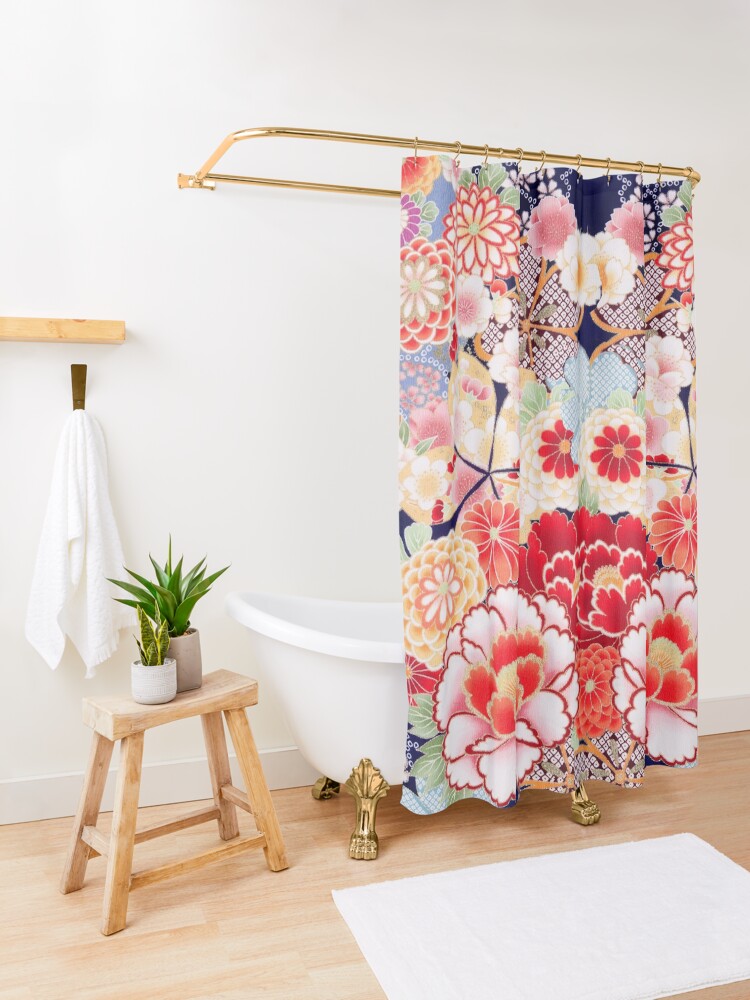 Alternate view of ANTIQUE JAPANESE FLOWERS Pink White Wild Roses Kimono Style Floral Shower Curtain