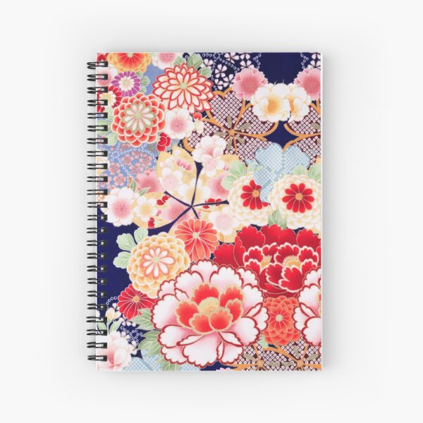 ANTIQUE JAPANESE FLOWERS Pink White Wild Roses Kimono Style Floral Spiral Notebook