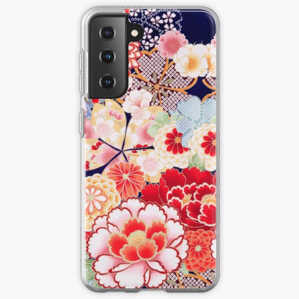 ANTIQUE JAPANESE FLOWERS Pink White Wild Roses Kimono Style Floral Samsung Galaxy Soft Case