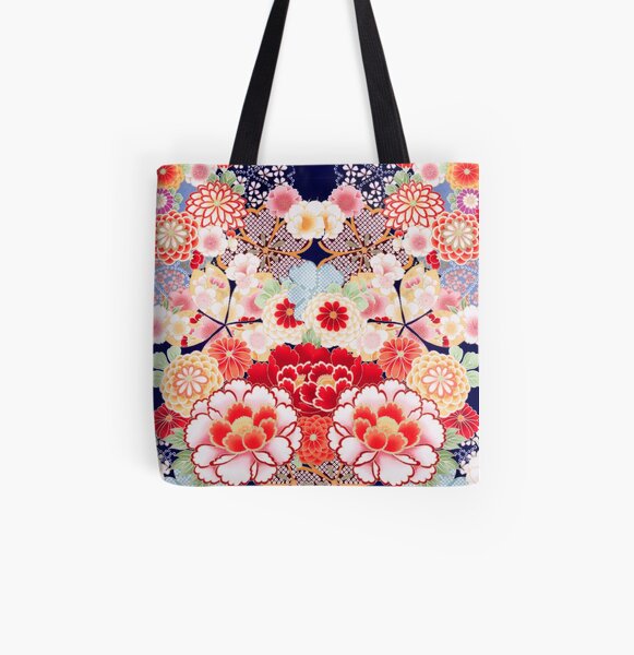 ANTIQUE JAPANESE FLOWERS Pink White Wild Roses Kimono Style Floral All Over Print Tote Bag