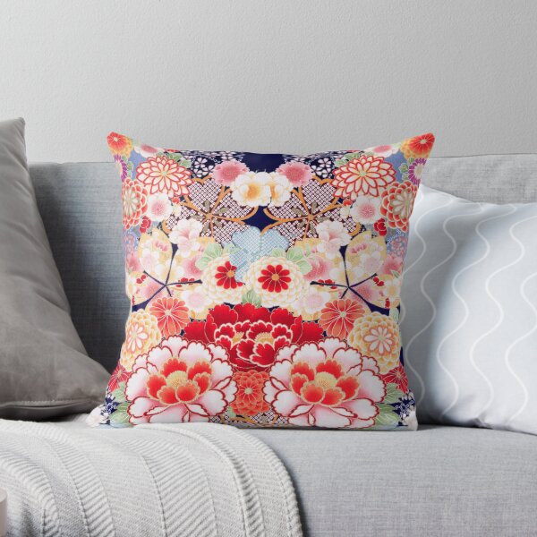 ANTIQUE JAPANESE FLOWERS Pink White Wild Roses Kimono Style Floral Throw Pillow